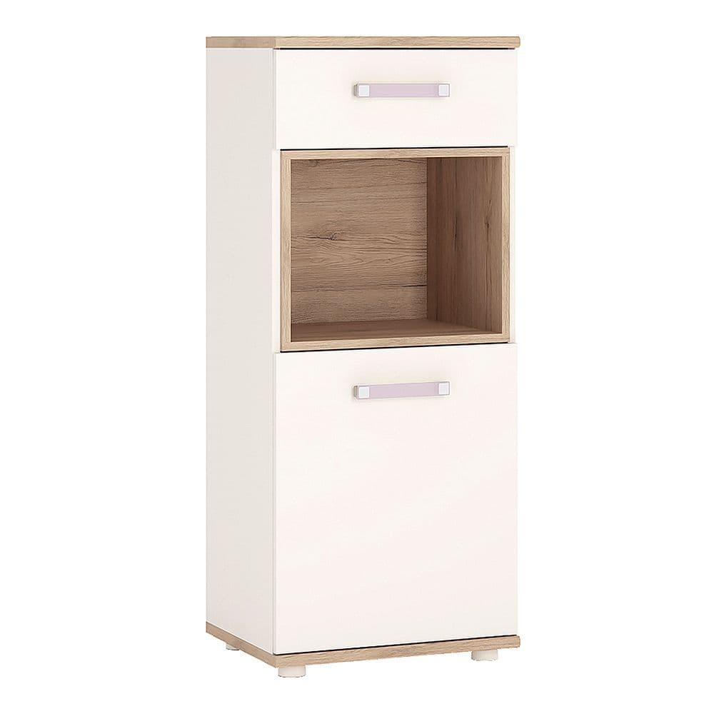 Kinder 1 Door 1 Drawer Narrow Cabinet in Light Oak and white High Gloss (lilac handles)